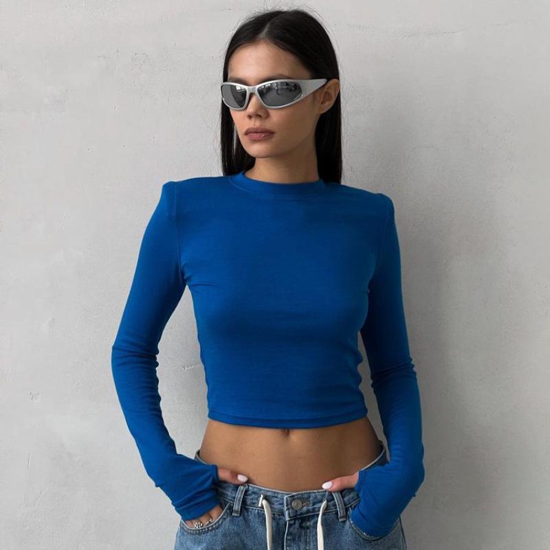 Shoulder pads European and American women's casual long-sleeved t-shirt spring and autumn solid color slim-fit jumper t-shirt women's street bottomin