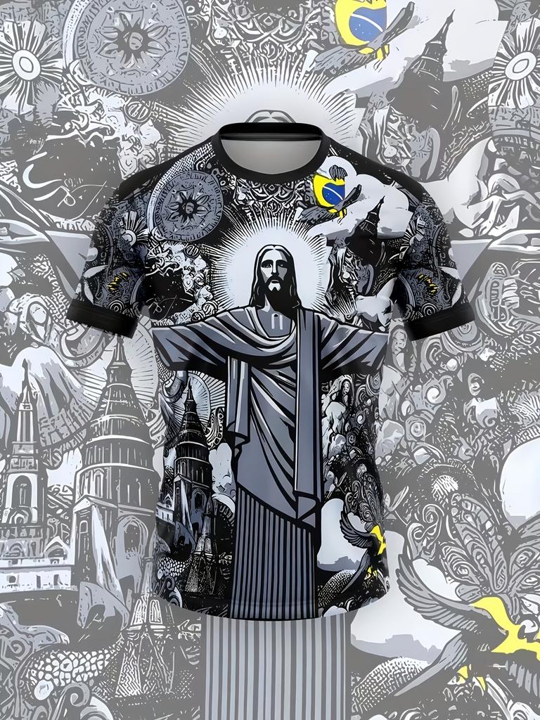Mens Oversized Brazil Christ the Redeemer Graphic Print Short Sleeve T Shirt Casual Streetwear Top for Daily Wear
