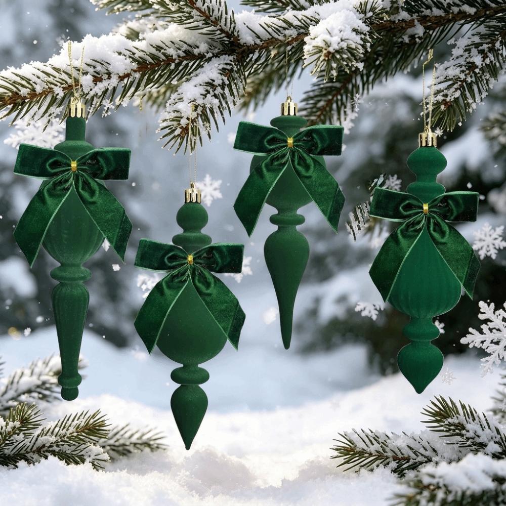 4 PCS/SET Irregular Cone Pendant Christmas Ornament Unique Flocking Hanging Xmas Tree Hanging Ornaments with Bow