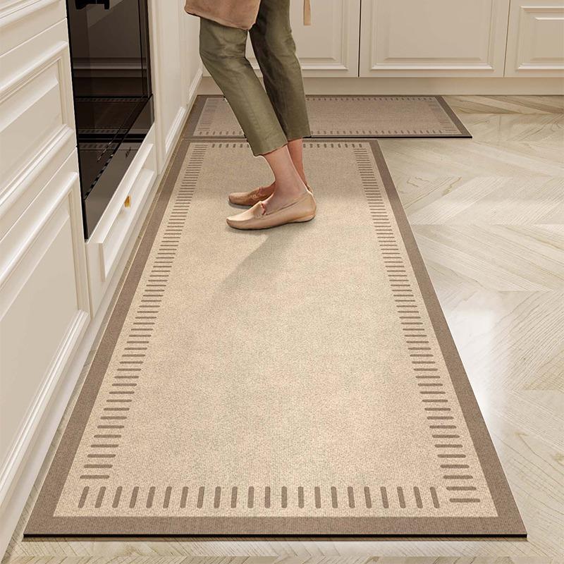 Wasserdichte Teppichbodenmatte für die Küche, Bodenmatte aus PVC-Leder, Lange Teppiche, Rutschfeste Fußmatten, Beige, Minimalistischer Stil, Heimdeko-Teppich