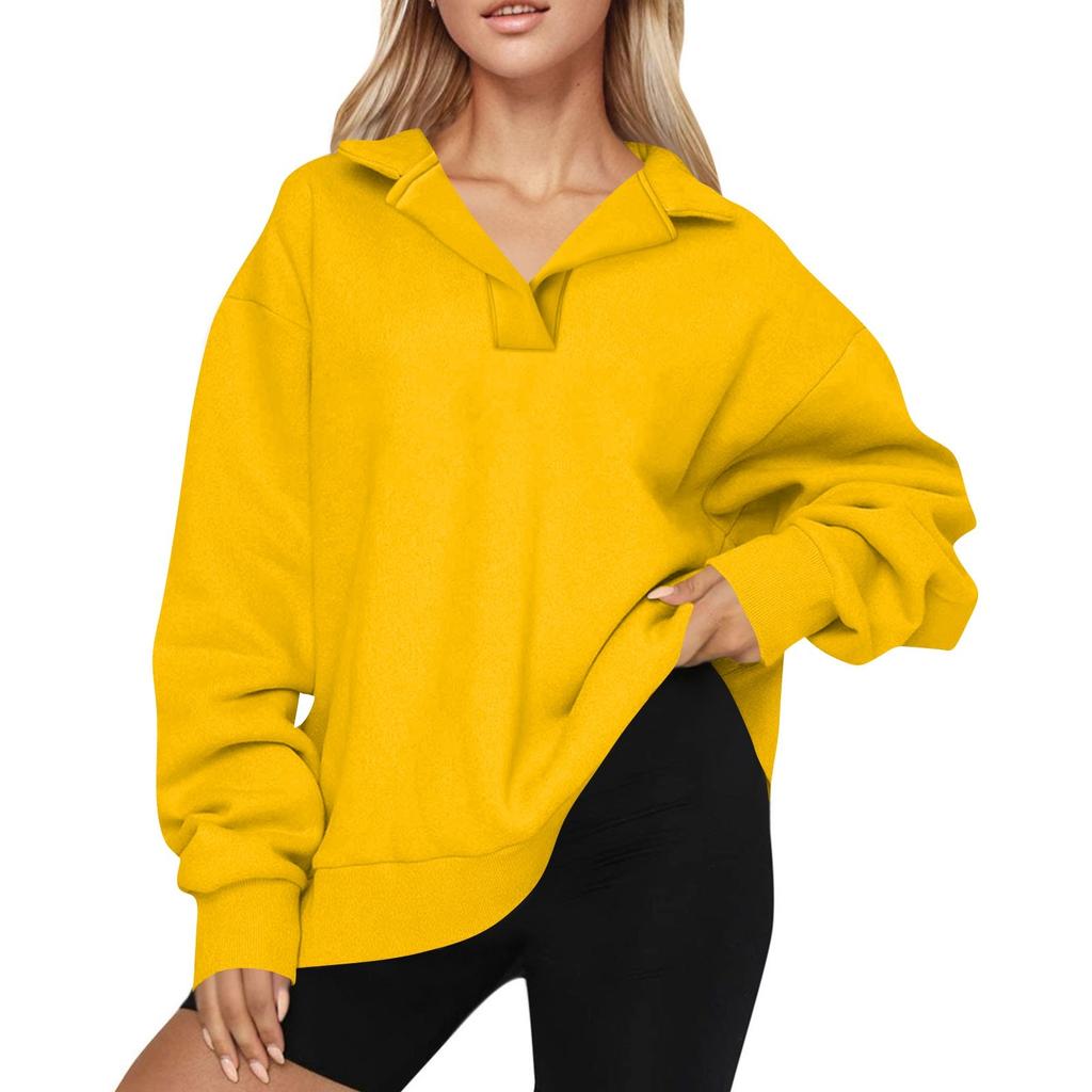 Women's Fashion Long Sleeve Solid Color V-Neck Loose Sweatshirt Top