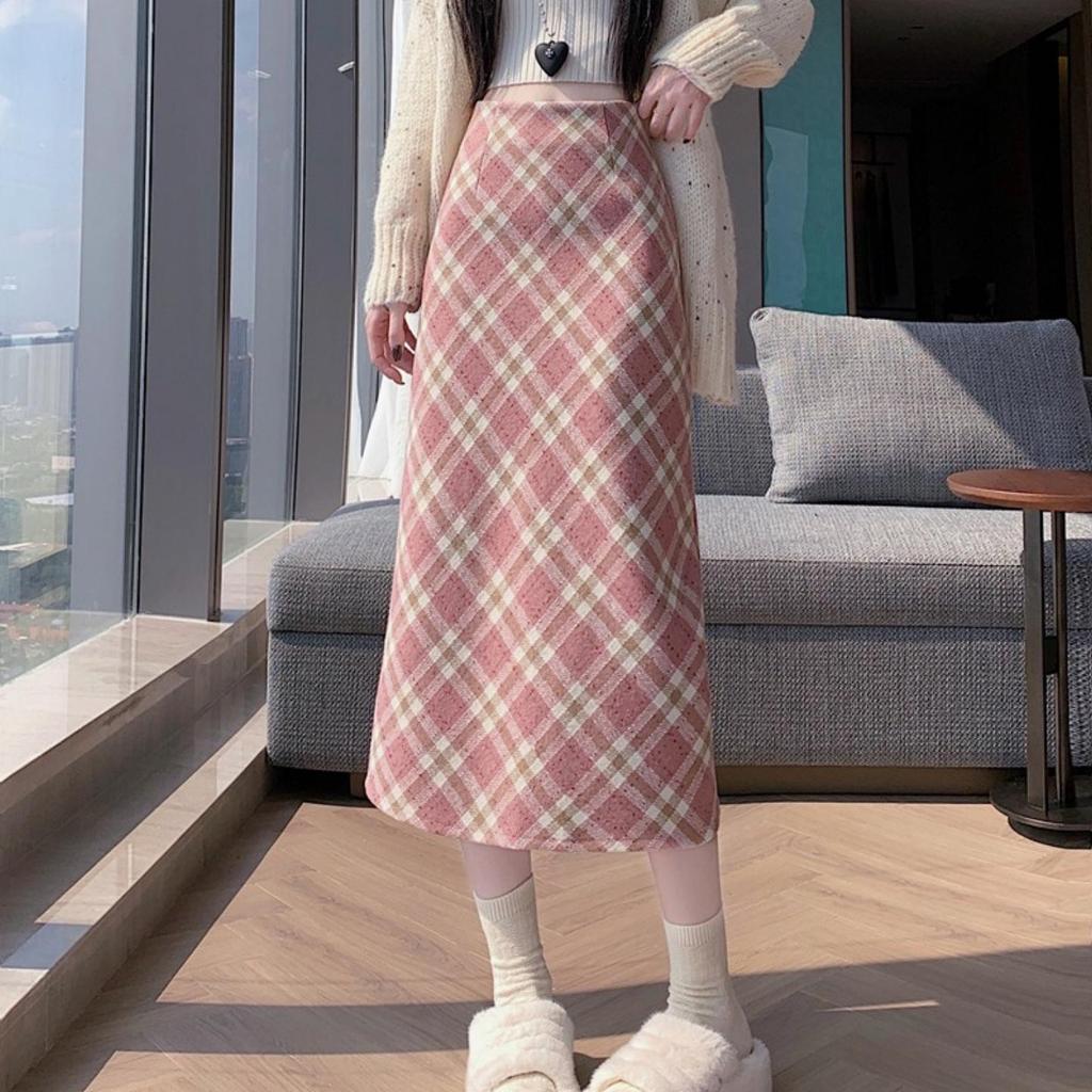 Sweet & Spicy Pink Plaid High-Waisted Midi Skirt – Women's Slimming A-Line Wool Blend Skirt for Spring & Autumn
