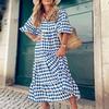 Women Dress V Neck Three Quarter Bubble Sleeve Geometric Print Loose Patchwork A-line Big Hem Flowy