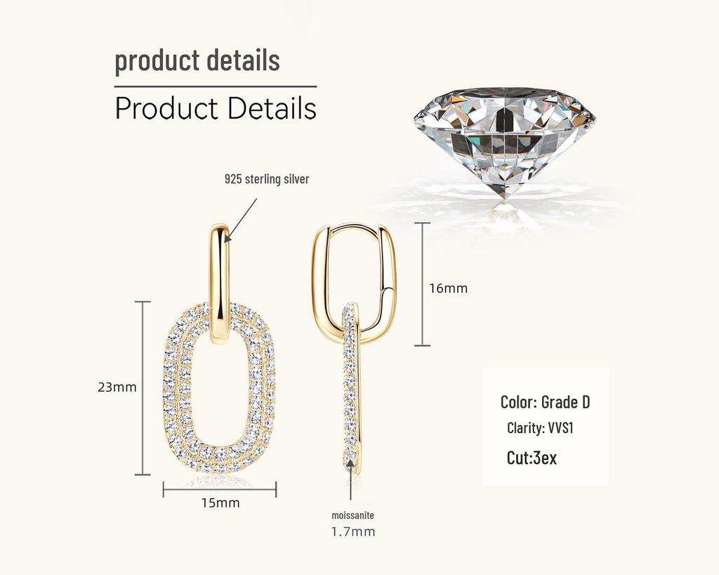 Elegant Moissanite Paperclip Dangle Earrings - Women's Silver Jewelry with Chic, Modern Design