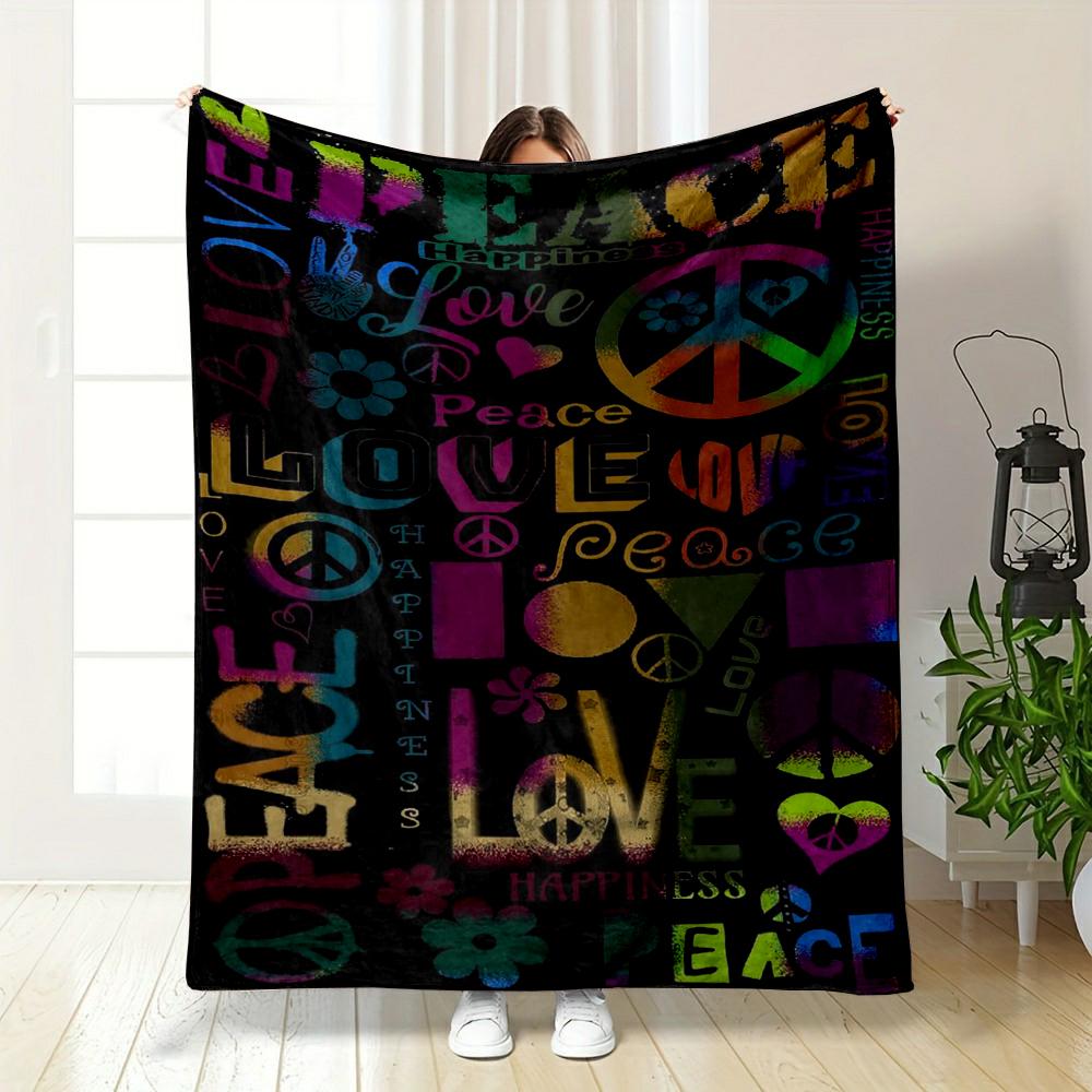 Colorful Peace and Love Text Art Blanket Flannel blanket for bedroom, living room, sofa, and nap sofas.