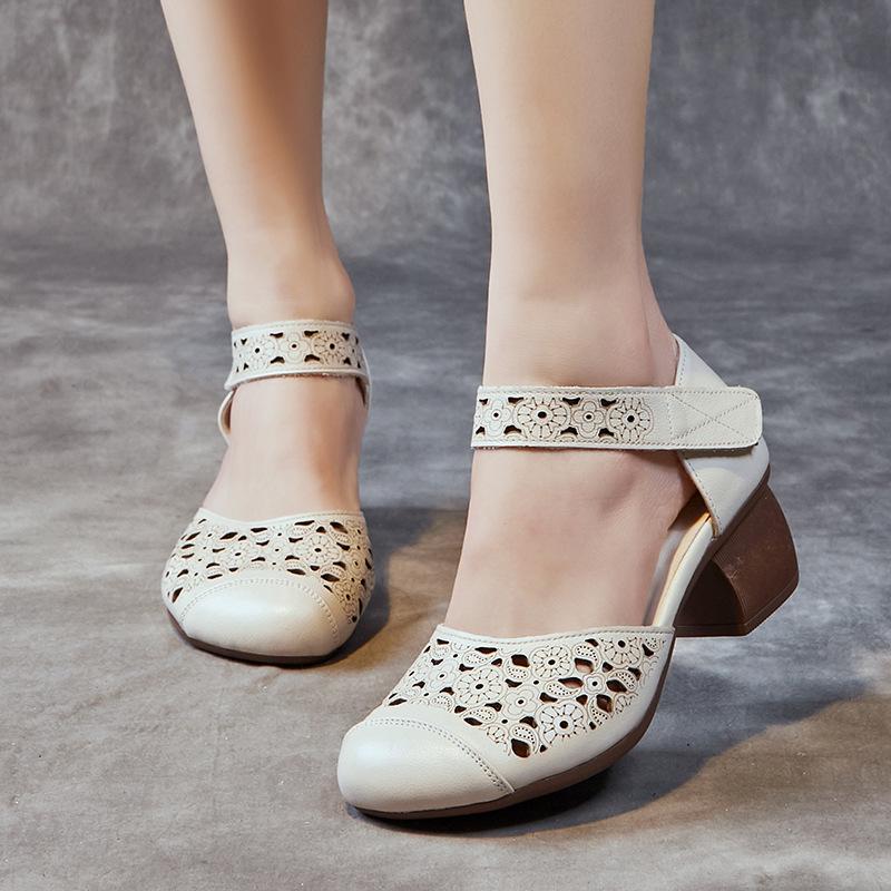 Sandals women's outer wear new summer hollow hole sandals first layer cowhide medium thick heel soft sole women's shoes