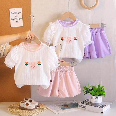 Conjunto de Dos Piezas de Verano para Niñas con Mangas Abullonadas y Diseño de Conejo y Flores 2026