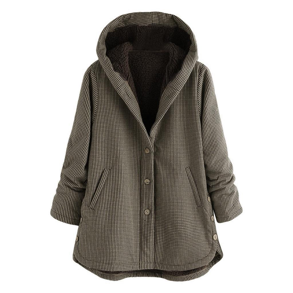 Women Winter Warm Outwear Lattice Printing Hooded Pockets Oversize Hasp Coats