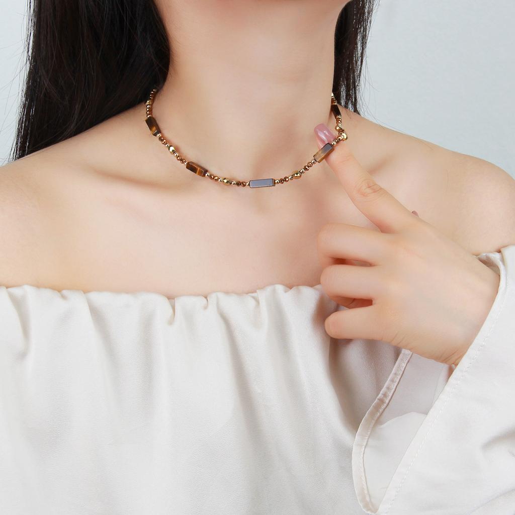 Collier de perles vintage chinois pour femme, nouveau design Instagram unique, chaîne de collier en pierre œil de tigre naturelle, chaîne de pull