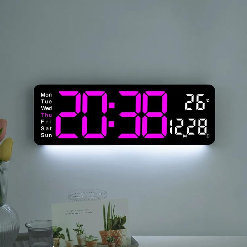 Rectangle Large Screen Digital Wall Clock with Atmosphere Light Date Time Week Temperature Display Electronic Alarm Clocks