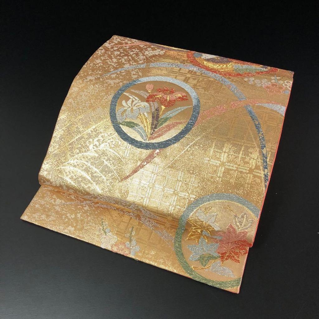 Used SO-623 Fukuro obi 6 pieces, pure silk, chrysanthemum, bellflower, autumn leaves, standing flower, plum, arabesque, gold and silver thread,