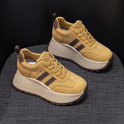 Women's 2024 Autumn/Winter Brown Platform Sneakers - 8cm Lift, Trendy & Versatile