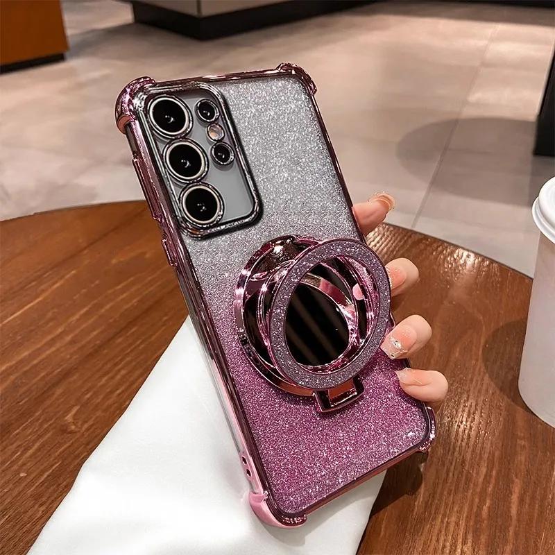 Glitter Shockproof Silicone Case For Samsung S25 S24 FE S23 A06 A16 A55 A56 Mirror Holder Stand Soft Case For Galaxy A36 Cover