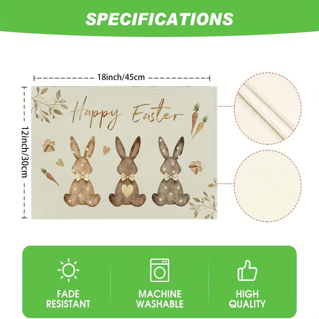 4 Stück/6 Stück Frohe Ostern Hase Platzdeckchen Set aus 4 Schwarz Braun Hase Küchentisch Platzdeckchen 12 x 18 Zoll Saisonale Frühlingsfeiertage Tischdecken