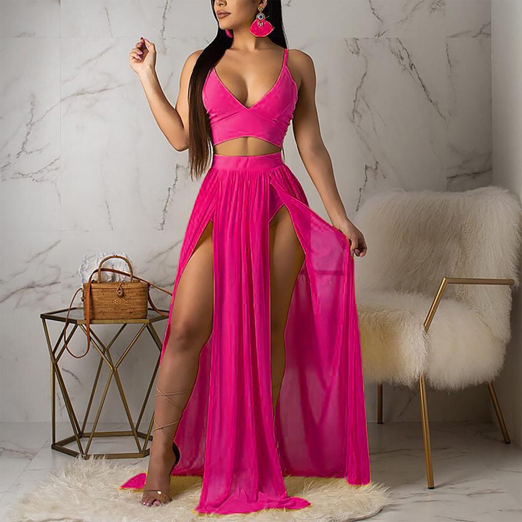 Women Sexy Suit  High Split Print Suspender Two Piece  Camisole Skirt Suit