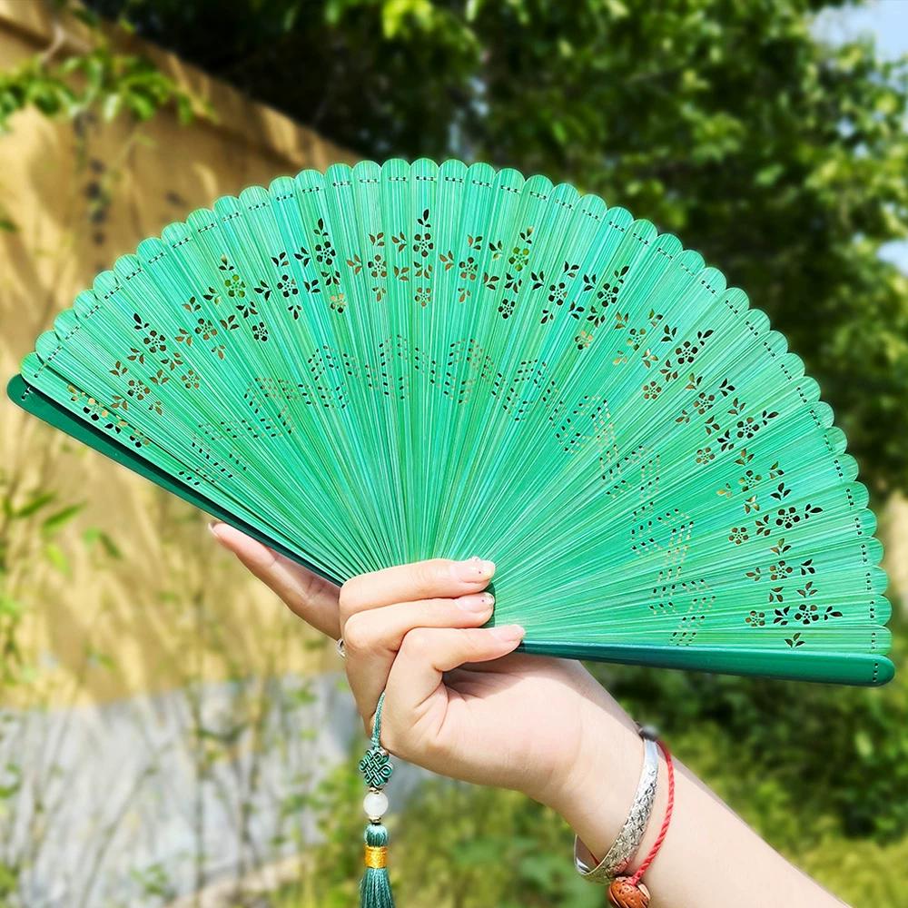 Chinese Style Green Bamboo Fan for Women, Hollow Floral Folding Fan, Traditional Portable Easy-To-Open and Close Hanfu Dance Fan