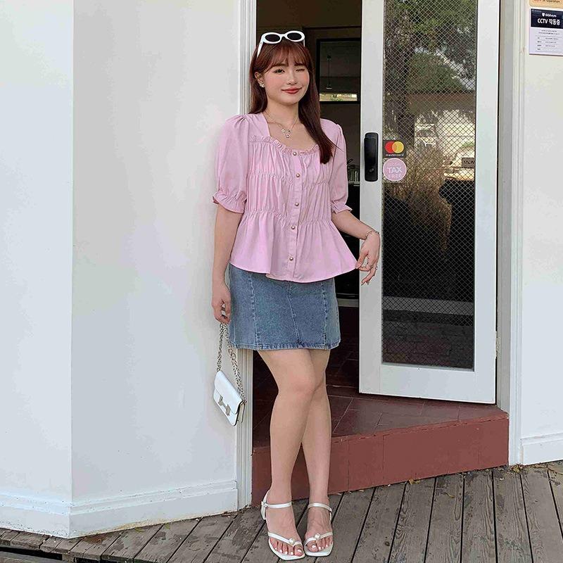 Plus Size Women Short Sleeve Square Neck Solid Color Shirt Summer Fashion Slim Fit Blouse