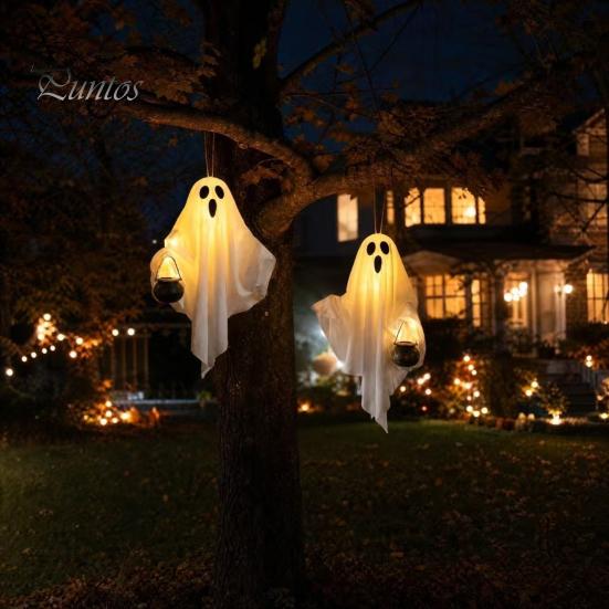 Halloween Tree Hanging Accessories Ghost with LED Lights, Spooky White Gauze Glowing Ornament, Unique Gift Ideas Flexible Figures for Outdoor