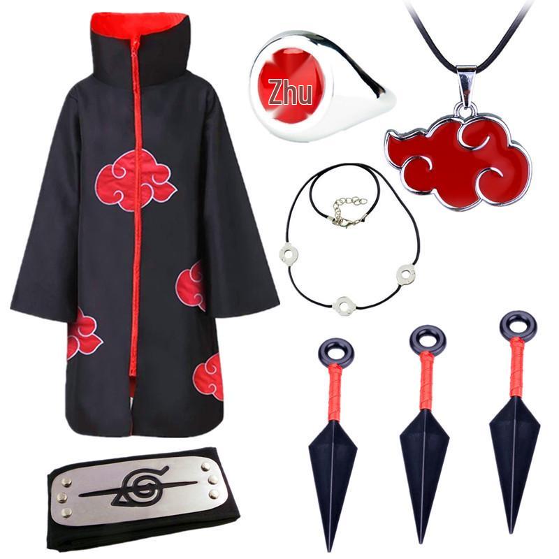 Set pláště Akatsuki s červenými mraky: Obsahuje plášť Naruto, prsten, doplňky čelenky - Ideální pro halloweenský kostým