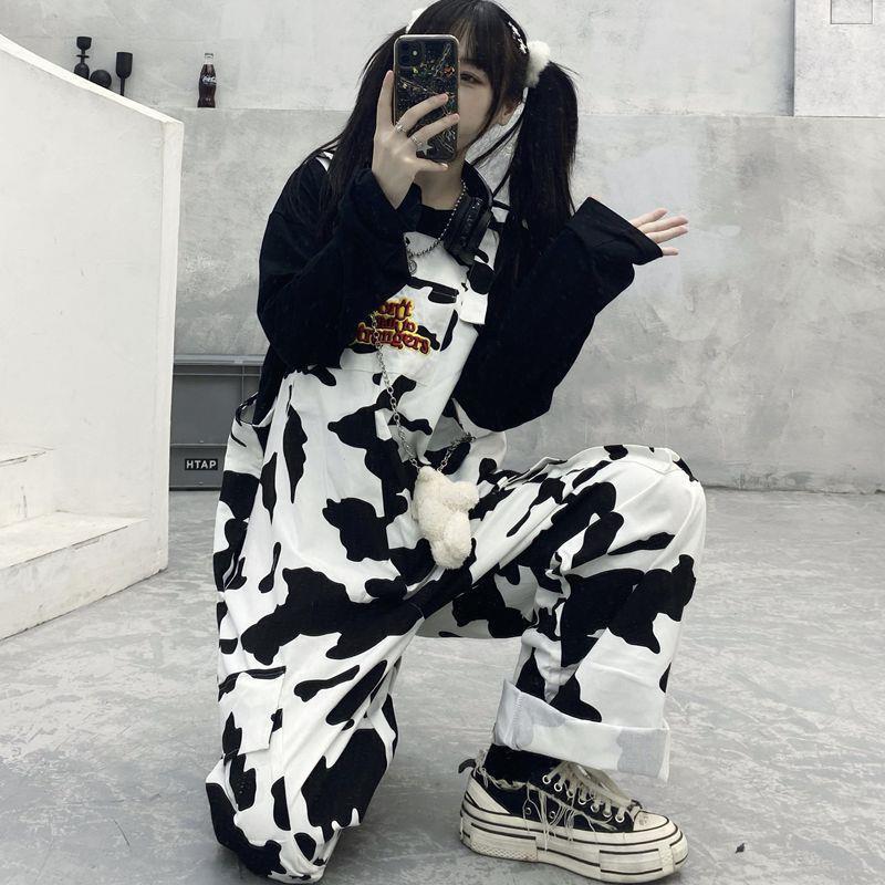 Street Hip-hop Harajuku Girl Cow Print Oneies for Women Black White Plaid Overalls Casual Jumpsuit Trousers Baggy Pants