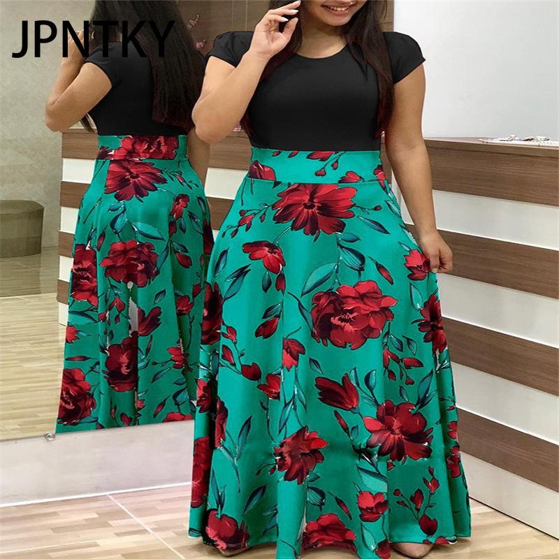 JPNTKY Floral Print Patchwork Short Sleeve Bohemian Dress Women Summer O-Neck Big Swing Long Dresses