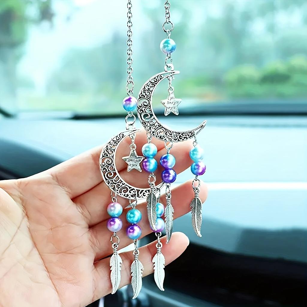 2pc a Set of Dreamcatcher Moon Beaded Wind Chime Hanging Ornaments for Car Home Window Decoration
