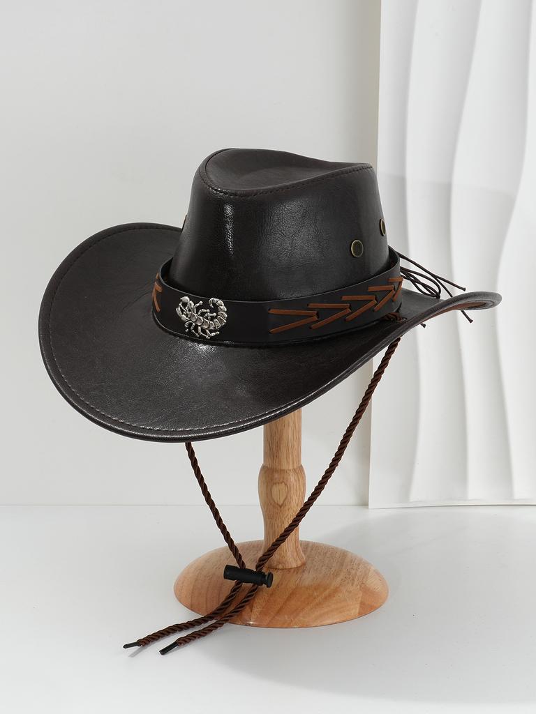 Men's and Women's French PU Leather Cowboy Hats, Unique Metal Scorpion Braided Rope Belt Accessories, Suitable for Competitive Activities