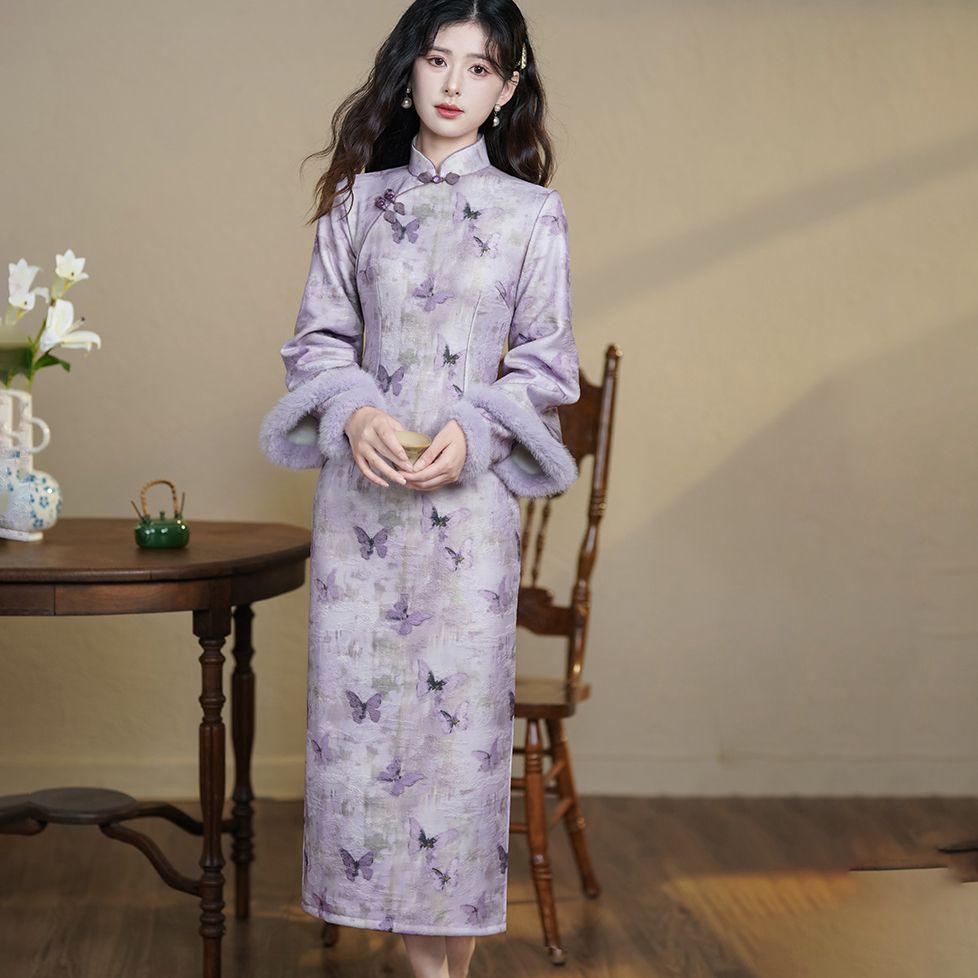 2024 Autumn/Winter Purple Stand-up Collar Qipao Dress with Fleece Lining and Mesh Print