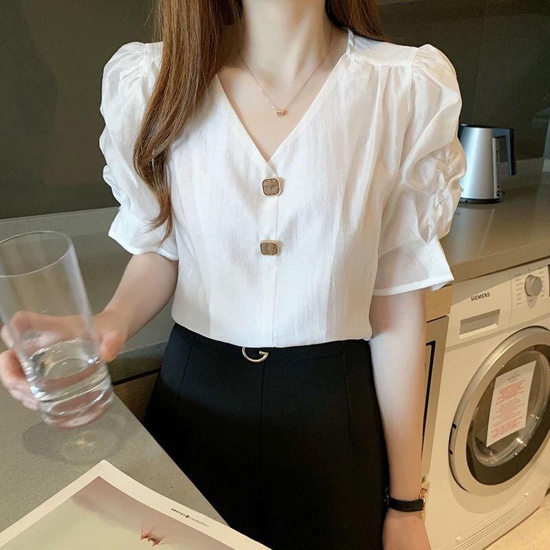 WTEMPO Brand Solid Colour Chiffon Shirt Women's Short-sleeved Shirt Summer Fashion Versatile Loose V-neck Bubble Sleeve Tops