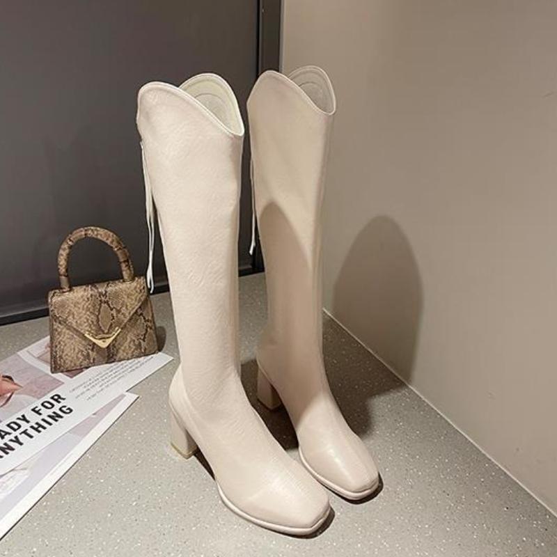 Fashion Square Toe Warm Elegant Heeled Long Boots for Women Designer Luxury Gothic Pu Cosplay Waterproof Hot Knee High Shaft Shoes Woman