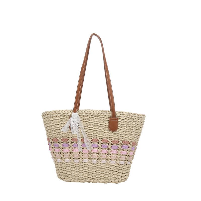 Seaside Straw Bag Women's Large Capacity Beach Bucket Bag Woven Vegetable Basket Summer Commuter Shoulder Tote Bag