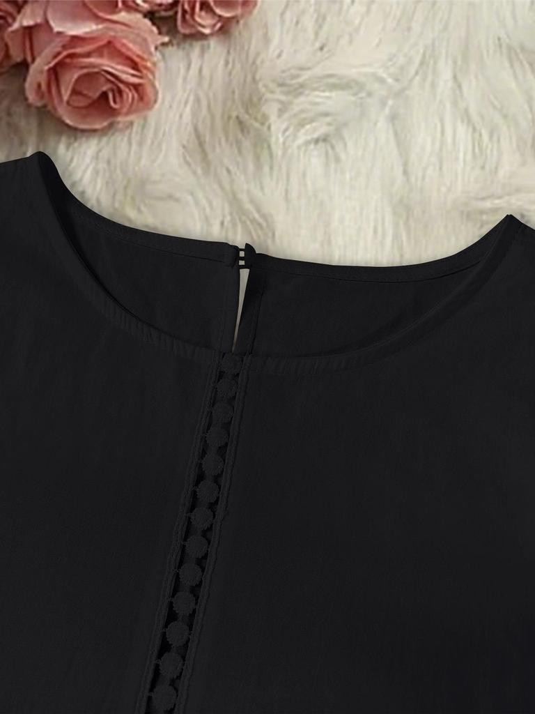 2025 Women's Semi-Transparent Solid Color Round Neck Hollow Long Sleeve Loose Cotton Shirt - Middle Eastern Style
