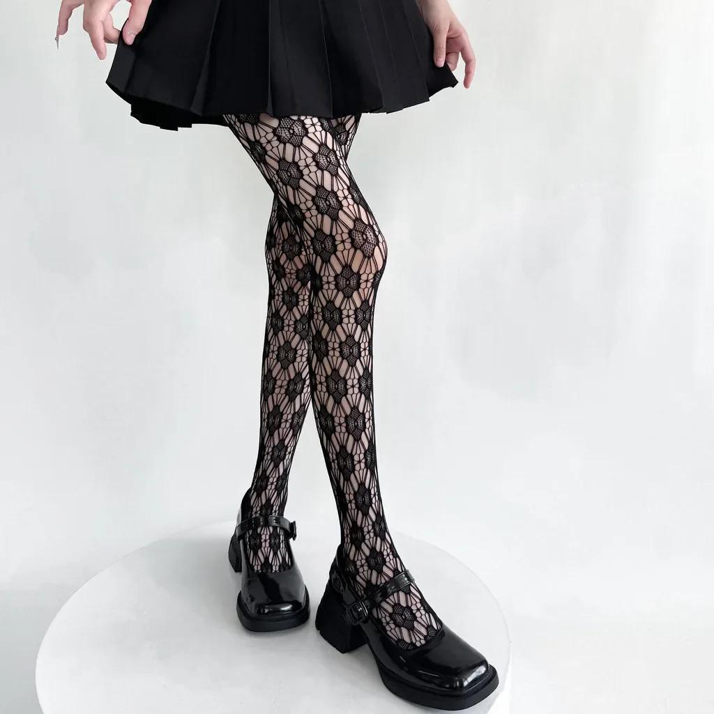 Women's Black Sexy Lace Fishnet Floral Hollowed-out Tights Lolita Sweet Silk Stockings JK Shaping Personality Mesh Pantyhose