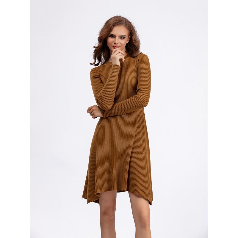 Autumn and Winter Women's Dress Knitted Long-sleeved Solid Color Slim Bottoming Dress Inside The Fashion A-line Skirt