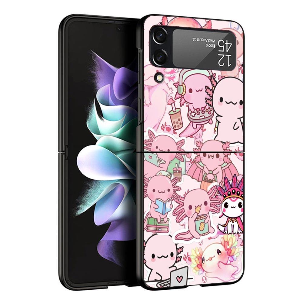 Cute Axolotl Kawaii Black Phone Case For Samsung ZFlip7 ZFlip6 ZFlip5 ZFlip4 ZFlip3 5G Hard Protective Galaxy Z Flip 3 4 5 6 7