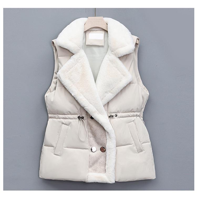 2026 Women's Plus Size Double-Breasted Fur Collar Waist-Cinched Leather & Fur Vest Jacket