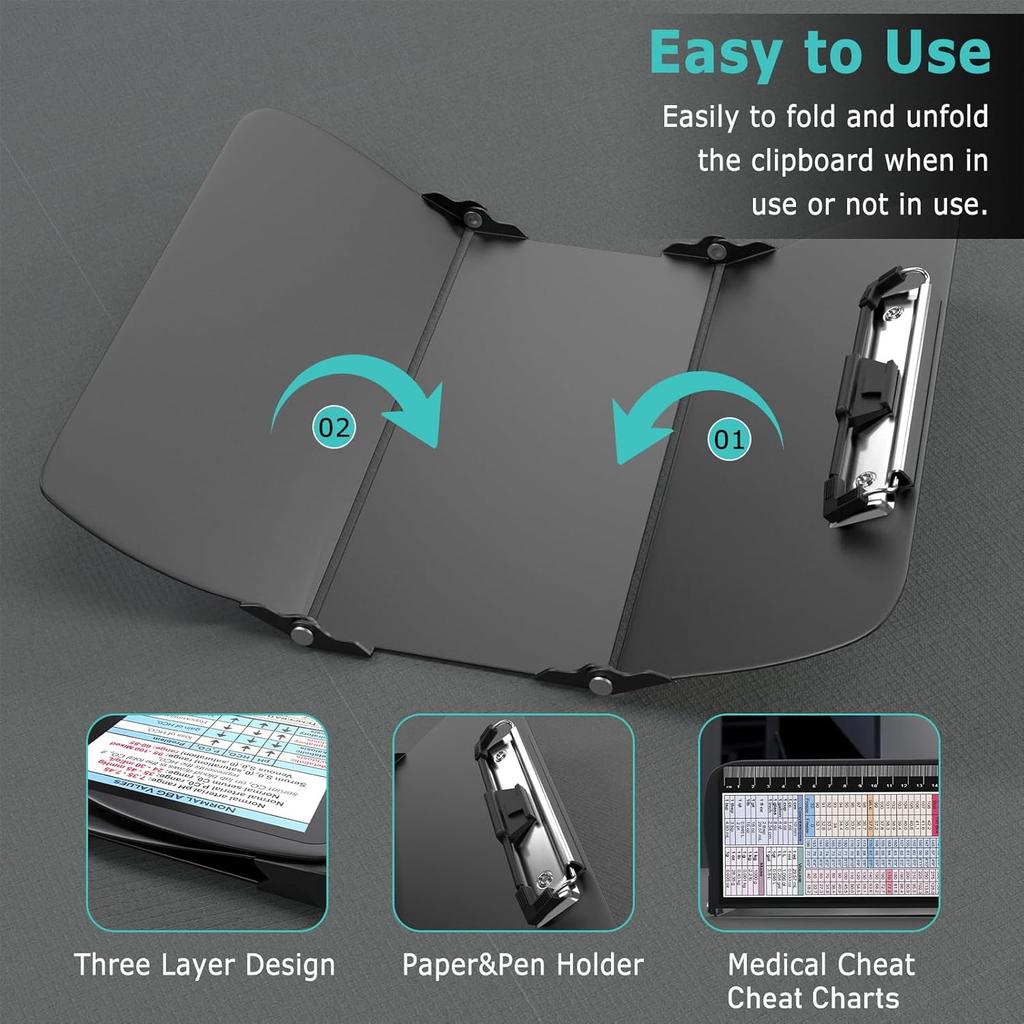 Nursing Clipboard Foldable, Foldable Clip Board w/Nursing Edition Cheat Charts, 3 Layers Aluminum, Nurse Clipboards w/Low Profile Clip & Pen Clip