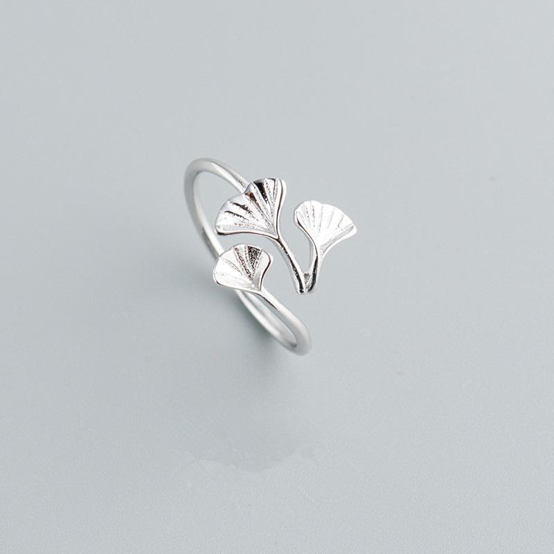 Women's Ginkgo Silver-Plated Adjustable Open Ring: Japanese & Korean Artistic Design, Simple & Fresh Style for Index Finger or Best Friend Gift.