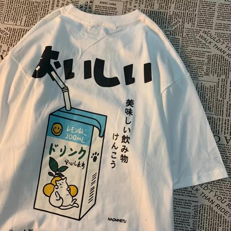 2025 Niedlicher Japanischer Katzenprint Oversized Herren Damen Kurzarm Locker Lässiges T-Shirt Streetwear Oberteile Baumwolle Harajuku Kleidung
