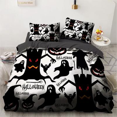 Halloween König Königin Bettbezug Kawaii Schwarzes Cartoon Dryade Geist Bettwäsche Set für Kinder Jungen Kürbis 2/3 Stück Polyester Bettdeckenbezug