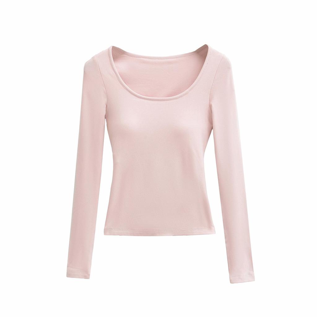 2025 Autumn/Winter Women's Sexy Slim-Fit Long-Sleeve T-Shirt with Built-in Bra and U-Neck