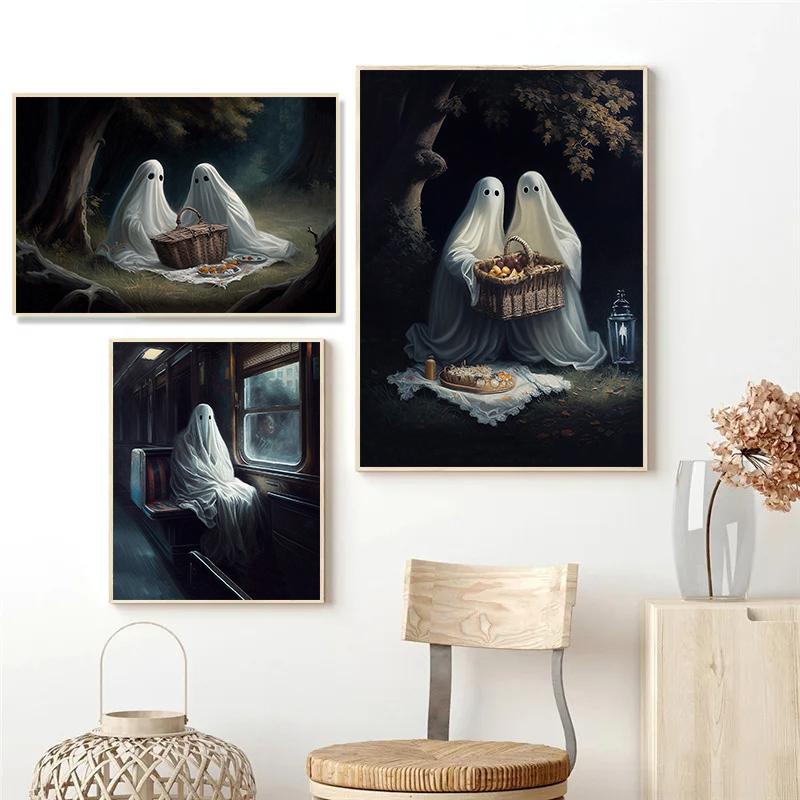 Fun White Ghost Dark Academy Halloween Horror Retro Posters Prints Canvas Painting Wall Art Picture Living Room Home Decor