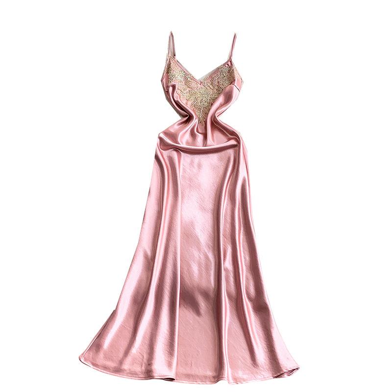 Dress Dress Women's Autumn and Winter Premium Satin Heavy Industry Embroidery Lace V-Neck Suspender Long Elegant Dress