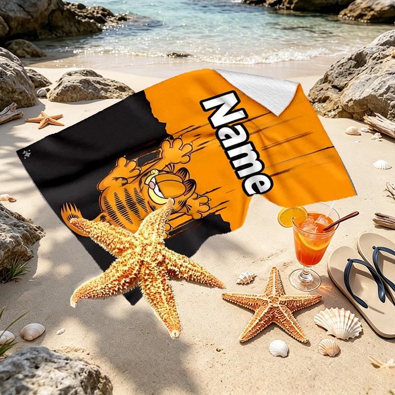 Custom Name Personalized Garfield Print Beach Towel, for Trip Camping Beach Party Home Decor, Birthday Gift for Family & Friends
