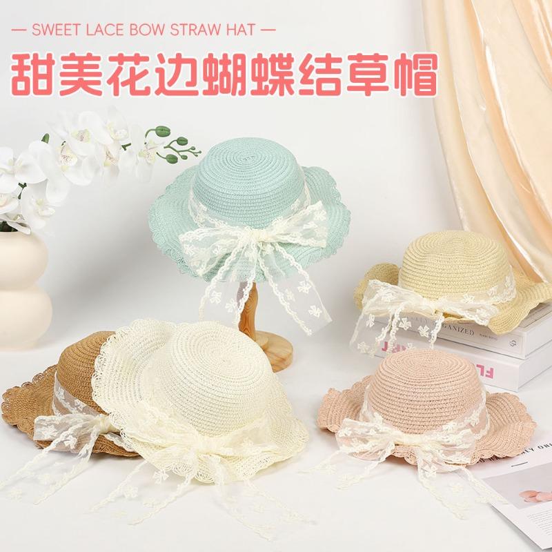 Sweet Lace Bow Straw Hat Outdoor Big Eaves Sun Hat Fashion Lace Ribbon UV Protective Straw Hat