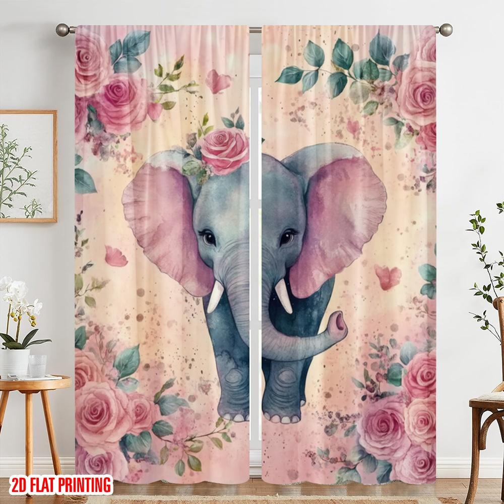 2pcs,2D plane printing Light Filtering Curtains Rosy Elephant Dream Versatile Polyester (without rod) Holiday Use for Various