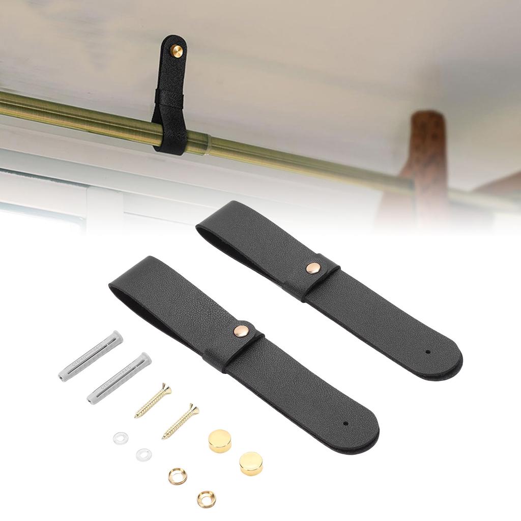 2pcs PU Leather Curtain Rod Holders Brackets Mounted Straps with Screws Plastic Wall Plugs Boho Pole Hanger Hook for Home