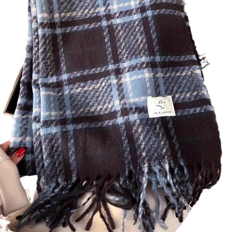 Haze Blue Checkered Scarf Korean Style High End Versatile Student Long Style Couple Warm Shawl and Scarf