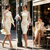 Everyday Casual Dress Women's Mesh Sheer Long Sleeve Mini Dress, Ruched Bodycon Mock Office Wear Women Neck Party Cocktail Formal Wedding Guest