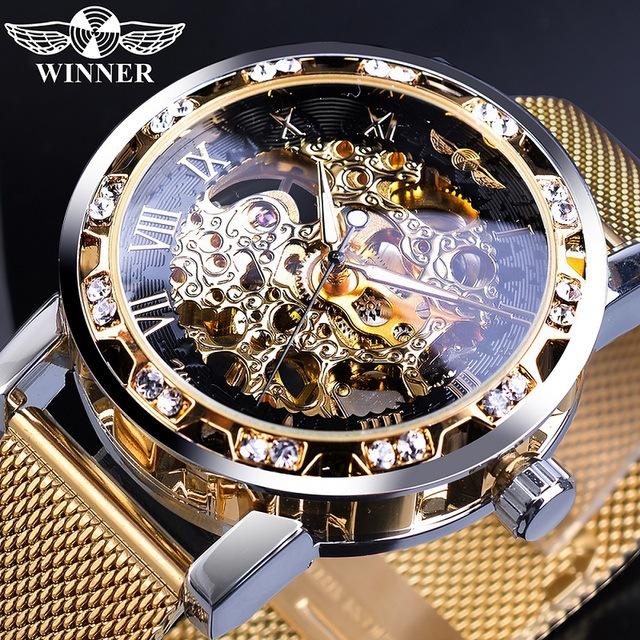 Winner Fashion Diamond Dial Men's Mechanical Watch Skeleton Watch Black Gold Retro Luminous Pointer PU Belt Mesh Belt Steel Belt
